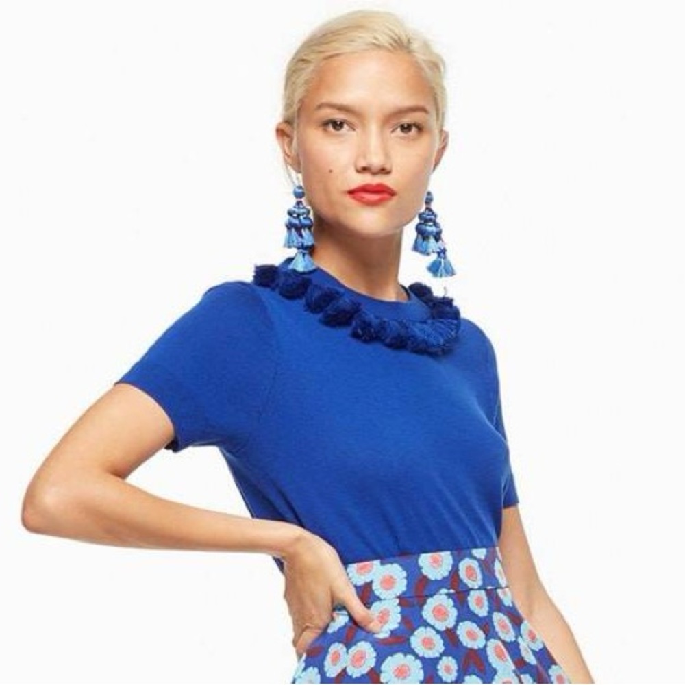 NEW Kate Spade New York Silk Blend Tassel Crewneck Sweater Cobalt Blue XS - Picture 2 of 16